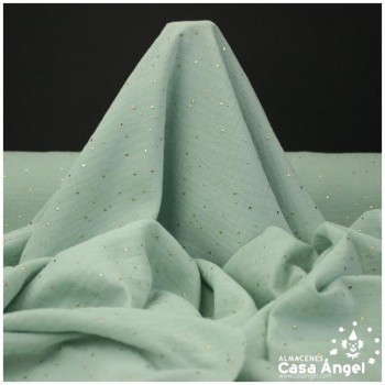TELA MUSELINA VERDE EMPOLVADO CON PUNTOS DORADOS EN RELIEVE SERIE GINGA 150cm