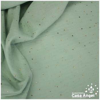 TELA MUSELINA VERDE EMPOLVADO CON PUNTOS DORADOS EN RELIEVE SERIE GINGA 150cm