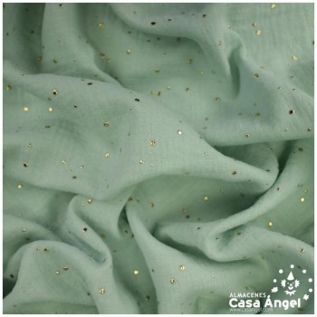 TELA MUSELINA VERDE EMPOLVADO CON PUNTOS DORADOS EN RELIEVE SERIE GINGA 150cm