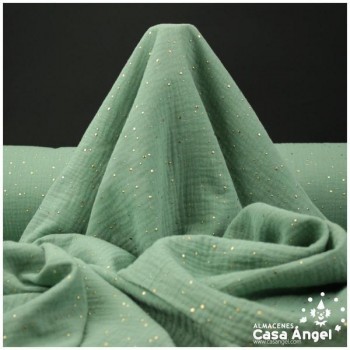 TELA MUSELINA VERDE MENTA CON PUNTOS DORADOS EN RELIEVE SERIE GINGA 150cm