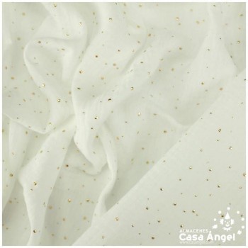 TELA MUSELINA BLANCO CON PUNTOS DORADOS EN RELIEVE SERIE GINGA 150cm