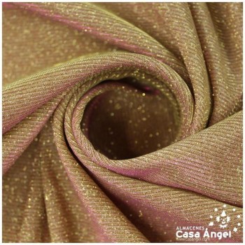 TELA LAMÉ TRIPLE CAPA CON BRILLO ANGULADO MALVA Y ORO SERIE NEBULOSA 150cm