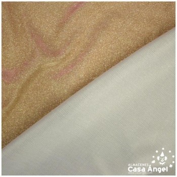 TELA LAMÉ TRIPLE CAPA CON BRILLO ANGULADO MALVA Y ORO SERIE NEBULOSA 150cm