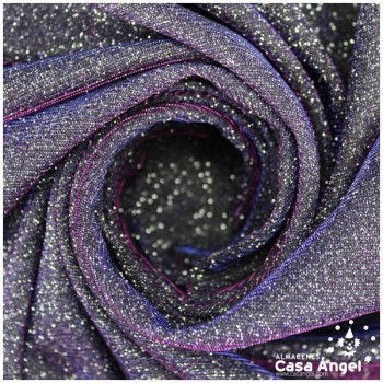 TELA LAMÉ TRIPLE CAPA CON BRILLO ANGULADO AZUL Y FUCSIA SERIE NEBULOSA 150cm