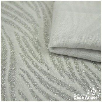 TELA DE PUNTO ELÁSTICO BLANCO CON PATRÓN DE LÚREX PLATA SERIE JET 150cm