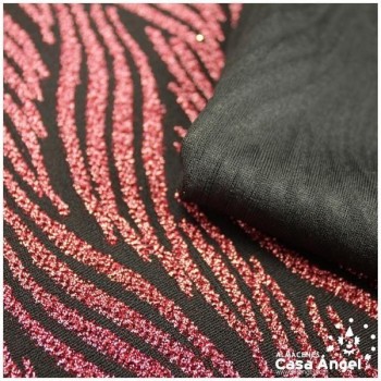 TELA DE PUNTO ELÁSTICO NEGRO CON PATRÓN DE LÚREX FUCSIA SERIE JET 150cm