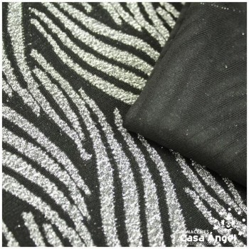 TELA DE PUNTO ELÁSTICO NEGRO CON PATRÓN DE LÚREX PLATA SERIE JET 150cm