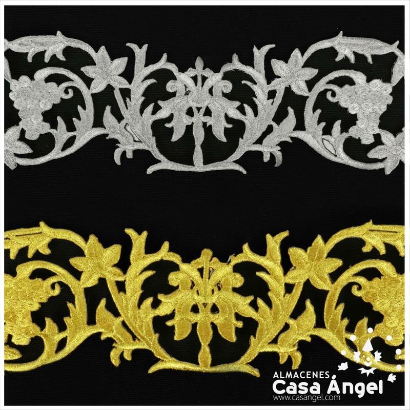 GALÓN BORDADO TERMOADHESIVO DE HILO LÚREX COLOR ORO ANCHO 65mm