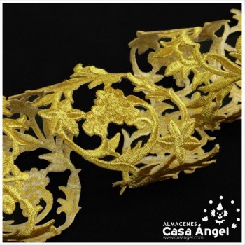 GALÓN BORDADO TERMOADHESIVO DE HILO LÚREX COLOR ORO ANCHO 65mm
