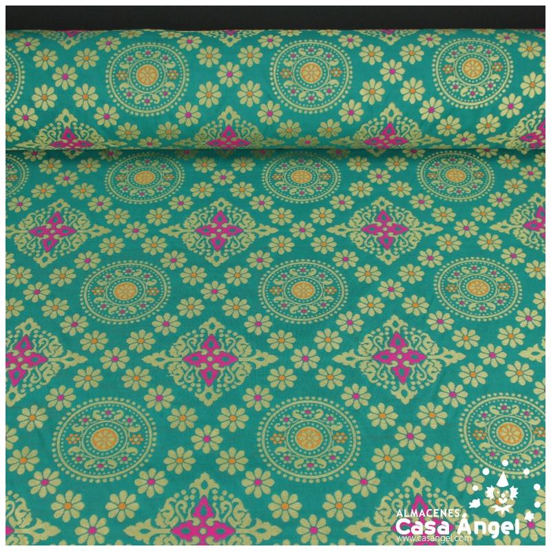 BROCADO VERDE AGUA MANDALA Y ROMBOS ORIENTALES SERIE MOGOL 150cm