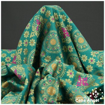 BROCADO VERDE AGUA MANDALA Y ROMBOS ORIENTALES SERIE MOGOL 150cm
