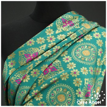 BROCADO VERDE AGUA MANDALA Y ROMBOS ORIENTALES SERIE MOGOL 150cm