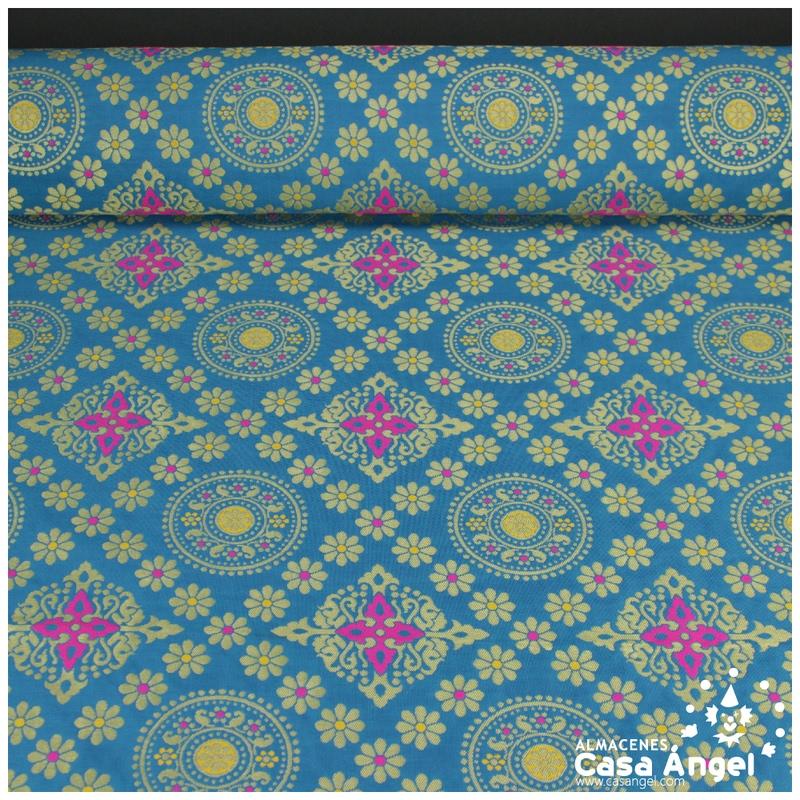 BROCADO TURQUESA MANDALA Y ROMBOS ORIENTALES SERIE MOGOL 150cm