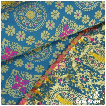 BROCADO TURQUESA MANDALA Y ROMBOS ORIENTALES SERIE MOGOL 150cm