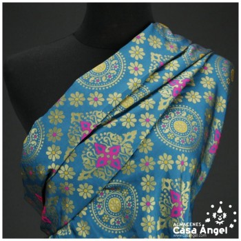 BROCADO TURQUESA MANDALA Y ROMBOS ORIENTALES SERIE MOGOL 150cm