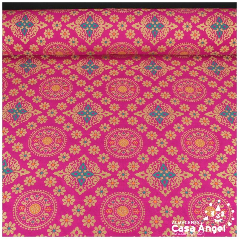 BROCADO FUCSIA MANDALA Y ROMBOS ORIENTALES SERIE MOGOL 150cm