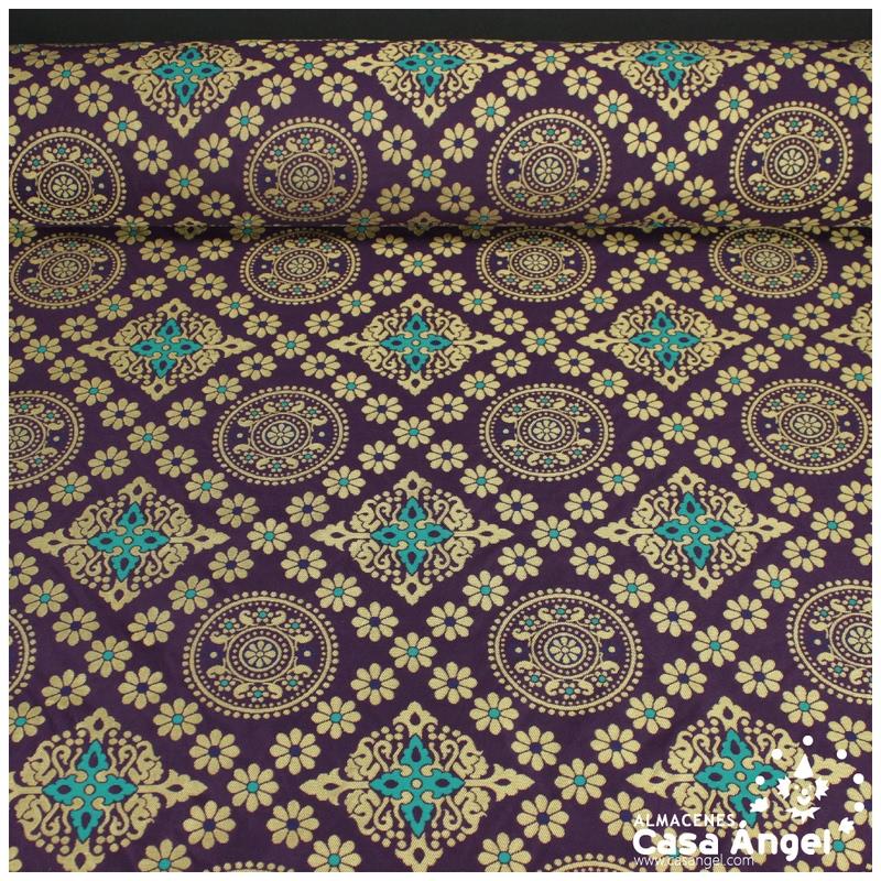 BROCADO MORADO MANDALA Y ROMBOS ORIENTALES SERIE MOGOL 150cm