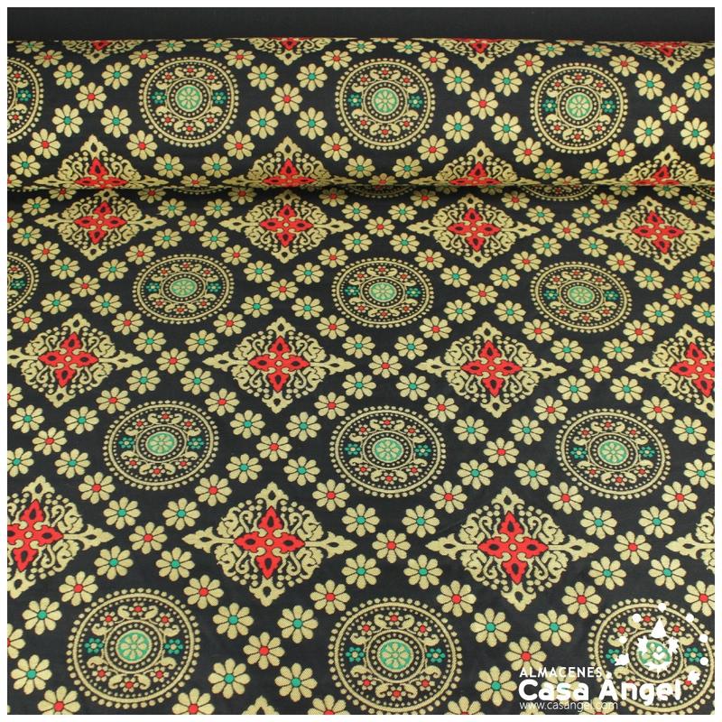 BROCADO NEGRO MANDALA Y ROMBOS ORIENTALES SERIE MOGOL 150cm