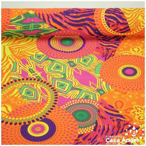 STRETCH CON ESTAMPADO ÉTNICO EN TONOS DE NARANJA 150cm