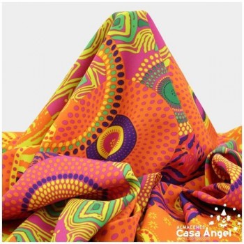 STRETCH CON ESTAMPADO ÉTNICO EN TONOS DE NARANJA 150cm