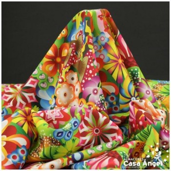 STRETCH CON ESTAMPADO DE FLORES EN TONOS TROPICALES 150cm