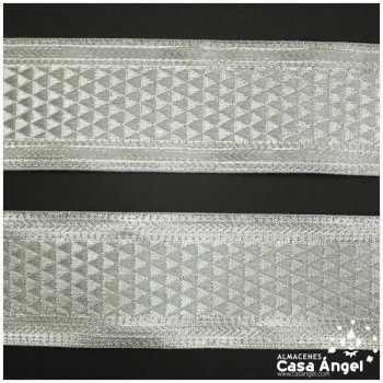 CINTA JACQUARD METALIZADA PLATA CON PATRÓN DE TRIÁNGULOS 5cm