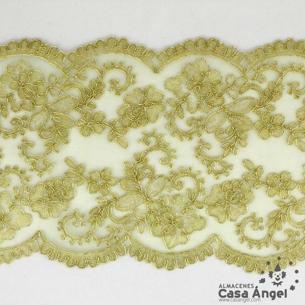 PASAMANERÍA ANCHA BORDADA FLORES HILO DORADO 20cm