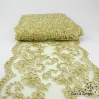 PASAMANERÍA ANCHA BORDADA FLORES HILO DORADO 20cm