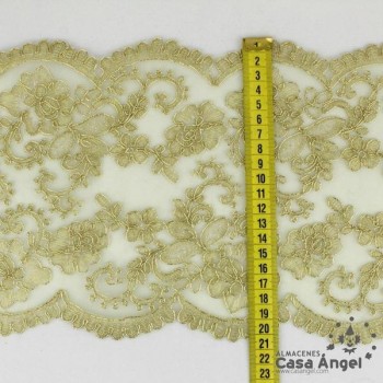 PASAMANERÍA ANCHA BORDADA FLORES HILO DORADO 20cm