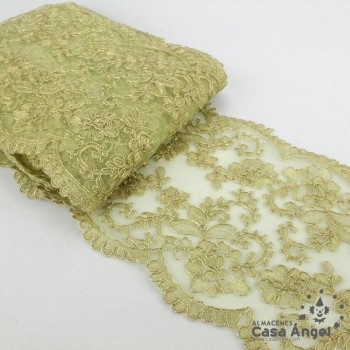 PASAMANERÍA ANCHA BORDADA FLORES HILO DORADO 20cm