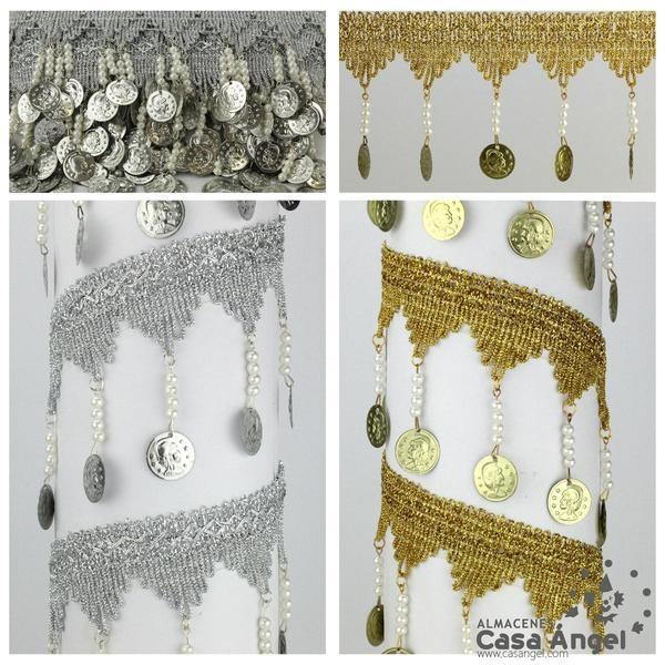 PASAMANERÍA BORDADA FLECOS PERLAS MONEDAS 8cm