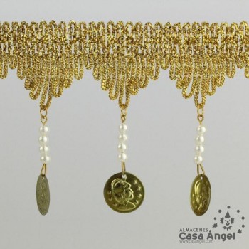 PASAMANERÍA BORDADA FLECOS PERLAS MONEDAS 8cm