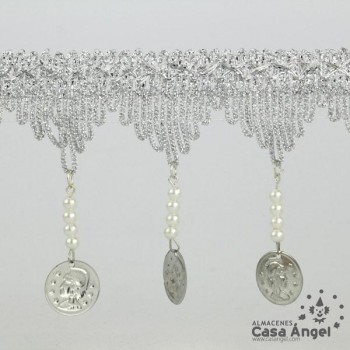 PASAMANERÍA BORDADA FLECOS PERLAS MONEDAS 8cm