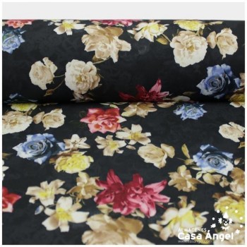NEOPRENO DOBLE ESTAMPADO FLORES NEGRO 150cm