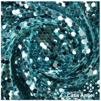 TEJIDO DE LENTEJUELAS TIPO PEZ AZUL TURQUESA Y PLATA 150cm