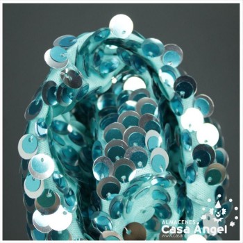 TEJIDO DE LENTEJUELAS TIPO PEZ AZUL TURQUESA Y PLATA 150cm