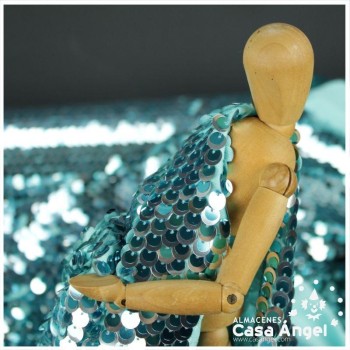 TEJIDO DE LENTEJUELAS TIPO PEZ AZUL TURQUESA Y PLATA 150cm