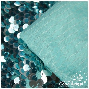 TEJIDO DE LENTEJUELAS TIPO PEZ AZUL TURQUESA Y PLATA 150cm