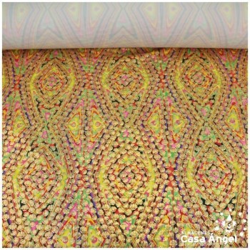 LYCRA CHEVRÓN MULTICOLOR CON ESTAMPADO DE CONCHAS DORADAS 150cm