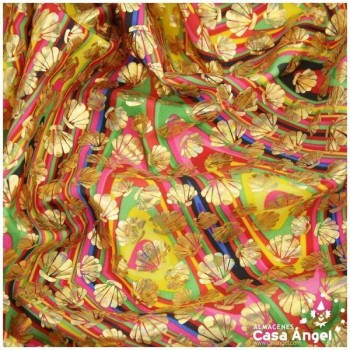 LYCRA CHEVRÓN MULTICOLOR CON ESTAMPADO DE CONCHAS DORADAS 150cm