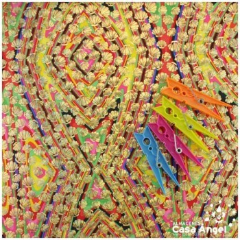 LYCRA CHEVRÓN MULTICOLOR CON ESTAMPADO DE CONCHAS DORADAS 150cm