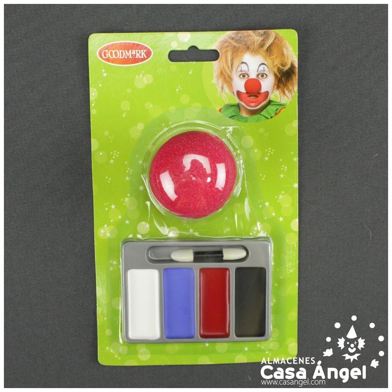 KIT DE MAQUILLAJE DE PAYASO CON 4 COLORES Y NARIZ ROJA