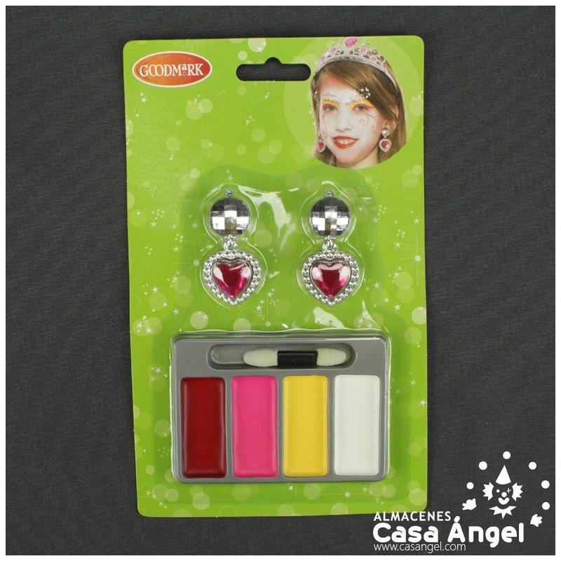 KIT DE MAQUILLAJE DE PRINCESA CON 4 COLORES Y PENDIENTES DE CORAZÓN