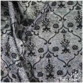 LYCRA ESTAMPADA Y FLOCADA CON GLITTER SERIE PÉRSICO PLATA 150cm