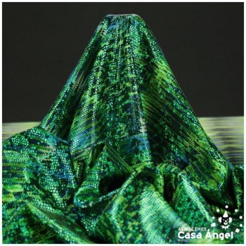 LYCRA CON ESTAMPADO ÉTNICO VERDE Y ESCAMAS DE FOIL SERIE CÁFILA 150cm