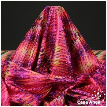 LYCRA CON ESTAMPADO ÉTNICO FUCSIA Y ESCAMAS DE FOIL SERIE CÁFILA 150cm