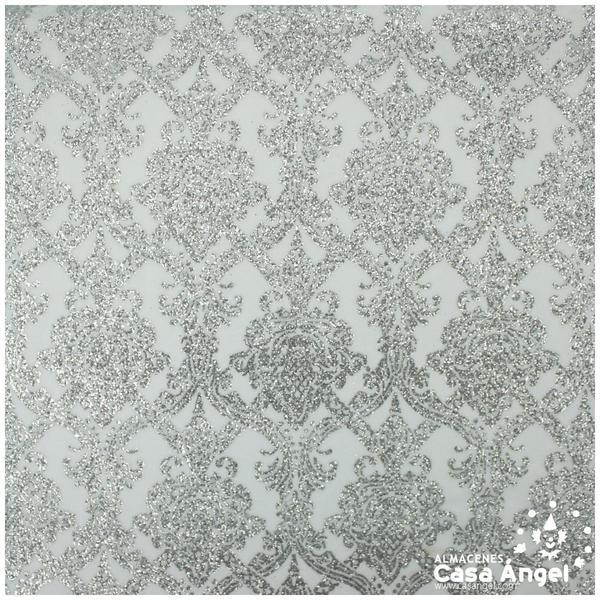 TERCIOPELO BLANCO CON ESTAMPADO VICTORIANO DE PURPURINA PLATA 150cm