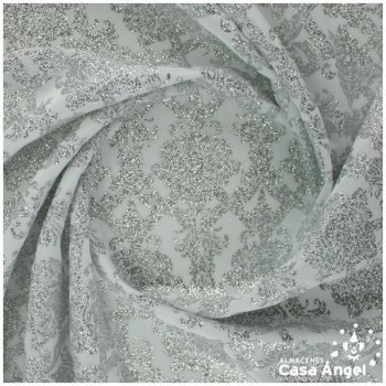 TERCIOPELO BLANCO CON ESTAMPADO VICTORIANO DE PURPURINA PLATA 150cm