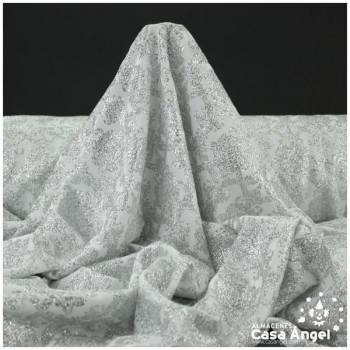 TERCIOPELO BLANCO CON ESTAMPADO VICTORIANO DE PURPURINA PLATA 150cm