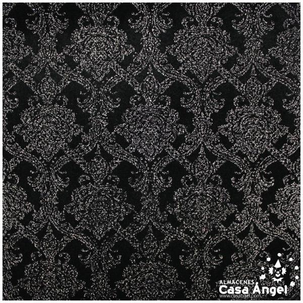 TERCIOPELO NEGRO CON ESTAMPADO VICTORIANO DE PURPURINA NEGRA 150cm